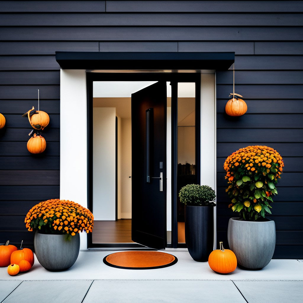 Modern black home front entrance. Pumpkins and planters displayed with orange mums.
