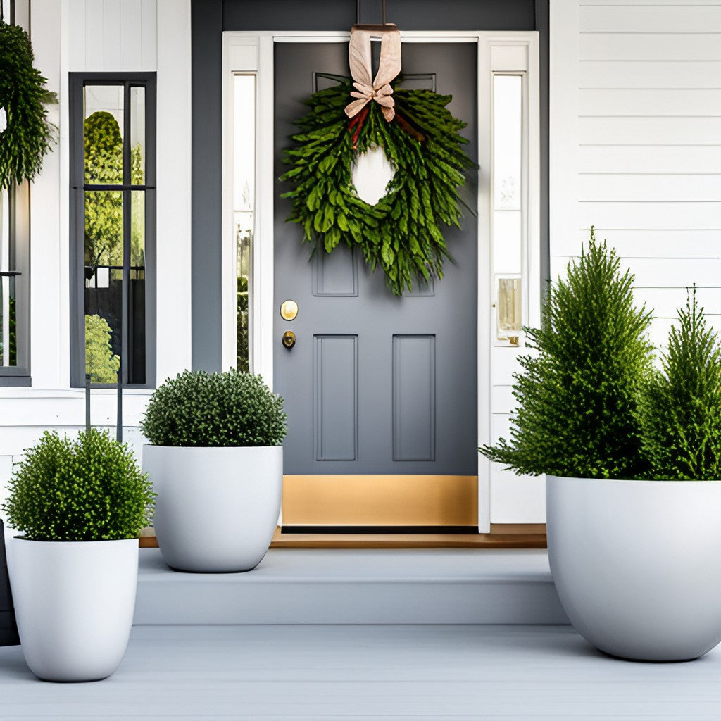 Front door steps of White House with black door. Concrete planters with evergreen trees and bushes on steps.