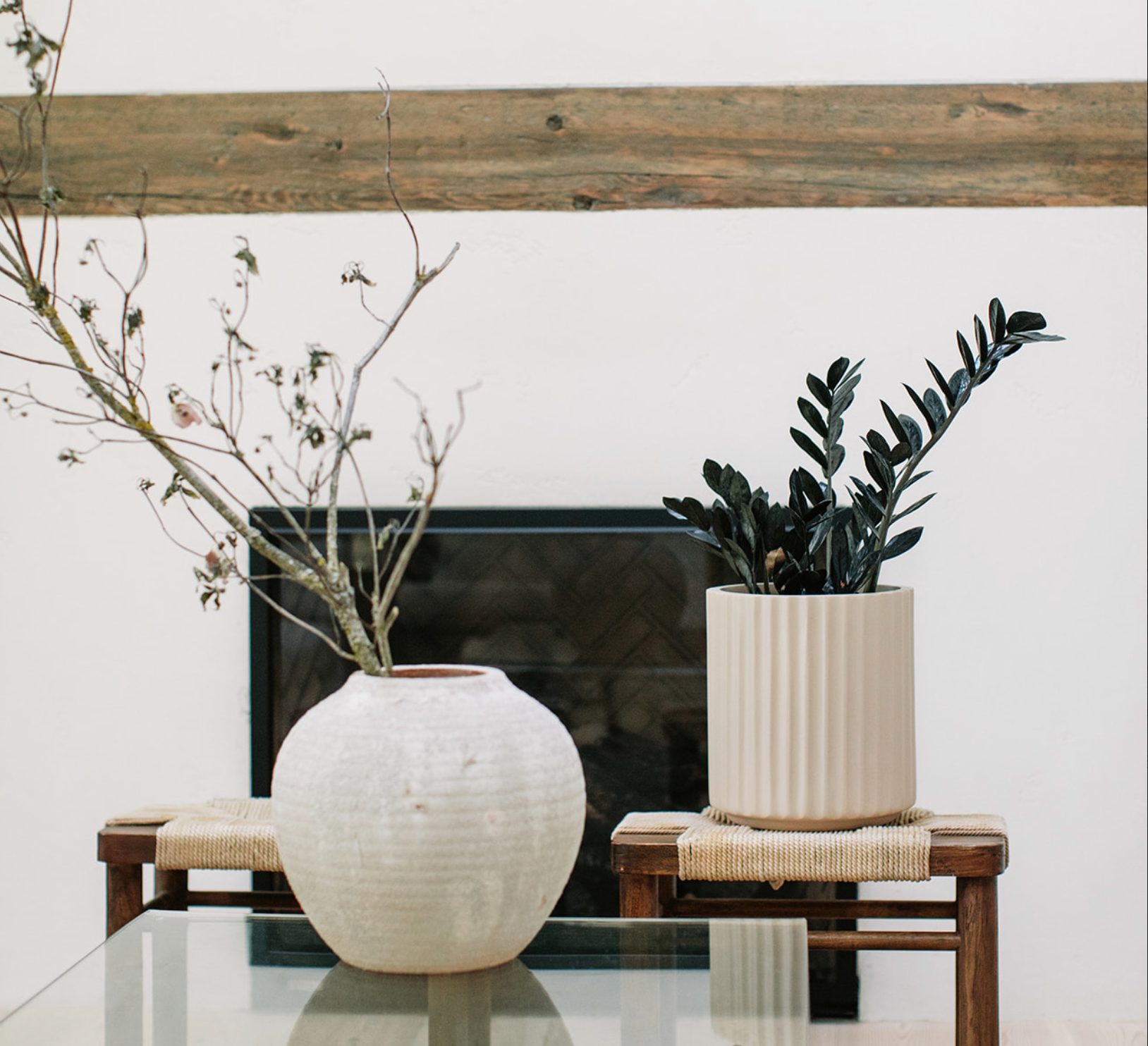 Wooden stool and coffee table with two nude vases, zz plant placed in one.