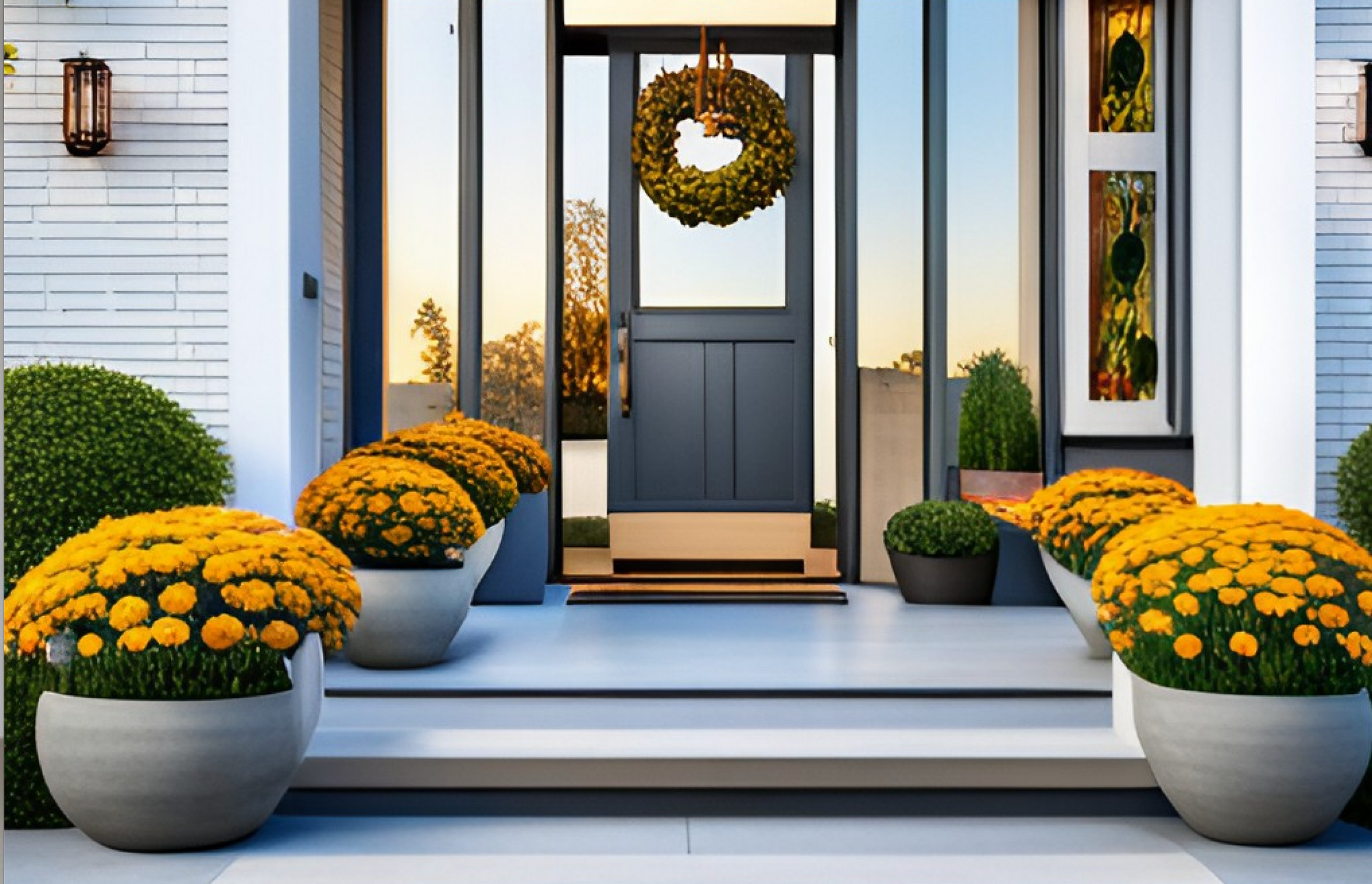 Modern home front steps with black door. Grey concrete planters with orange mums.